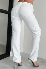 Cool Ambition Mid Rise Straight Leg Cargo Jeans (White)