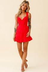 Charity Criss-Cross Back Floral Embroidered Dress Red