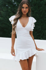 Cupid's Bow V-Neckline Ruffle Shoulder Bodycon Dress White