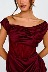 Lizetta Boat Neck Gathered Mini Dress Burgundy