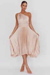 Calissa One Shoulder Pleated Midi Dress Champagne