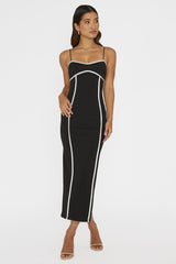 Justyna Contrast Piping Trim Midi Dress Black