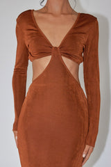 Acapulco Long Sleeve Cut-Out Waist Side Split Midi Jersey Dress Chocolate