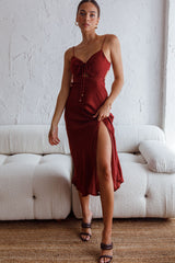 Fondest Memories Ruched Drawstring Bust Lace-Up Back Midi Dress Brown