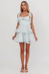 Oliana Tied Shoulder Tiered Mini Dress Floral Blue