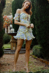 Maranda Bardot Lace-Up Bust Dress Floral Print Yellow