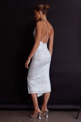 Miami Nights Cowl Neckline Twist Feature Midi Dress Sequin Silver