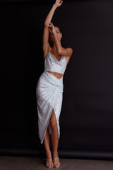 Miami Nights Cowl Neckline Twist Feature Midi Dress Sequin Silver