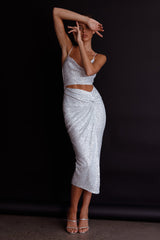 Miami Nights Cowl Neckline Twist Feature Midi Dress Sequin Silver
