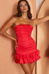 Annabella Strapless Tied Back Frill Hem Mini Dress Red