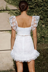 Remi Frill Shoulder Embroidered Dress White