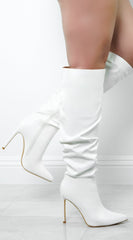 Valeria Faux Leather Ruched Knee High Boots - White