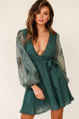 Dali Embroidered Chiffon Balloon Sleeve Dress Green