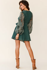 Dali Embroidered Chiffon Balloon Sleeve Dress Green