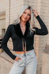 Glitz Happens Detachable Fur Collar Top (Black)