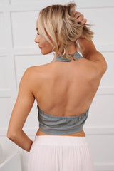 Love Cue Stripe Halter Denim Crop Top (Blue/White)