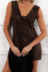 Let It Be Faux Suede Lace-Up Romper (Dark Chocolate)