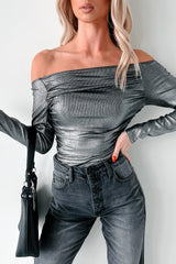 Midnight Magnetism Off The Shoulder Metallic Bodysuit (Galaxy Black)