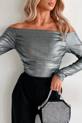 Midnight Magnetism Off The Shoulder Metallic Bodysuit (Galaxy Black)