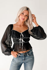 Cute With It Sweetheart Neck Bow Detail Top (Black)