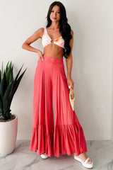Flower Crown Vibes Sheer Ruffle Wide Leg Pants (Coral Red)