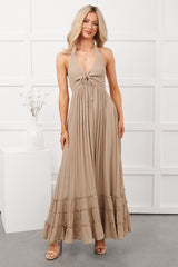 Hint Of Honey Halter Neck Maxi Dress (Taupe)