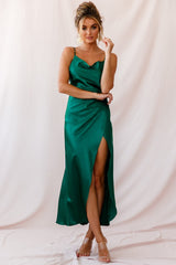 Hey Girl Long Satin Cowl Neck Dress Forest Green