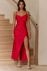 Hey Girl Long Satin Cowl Neck Dress Red