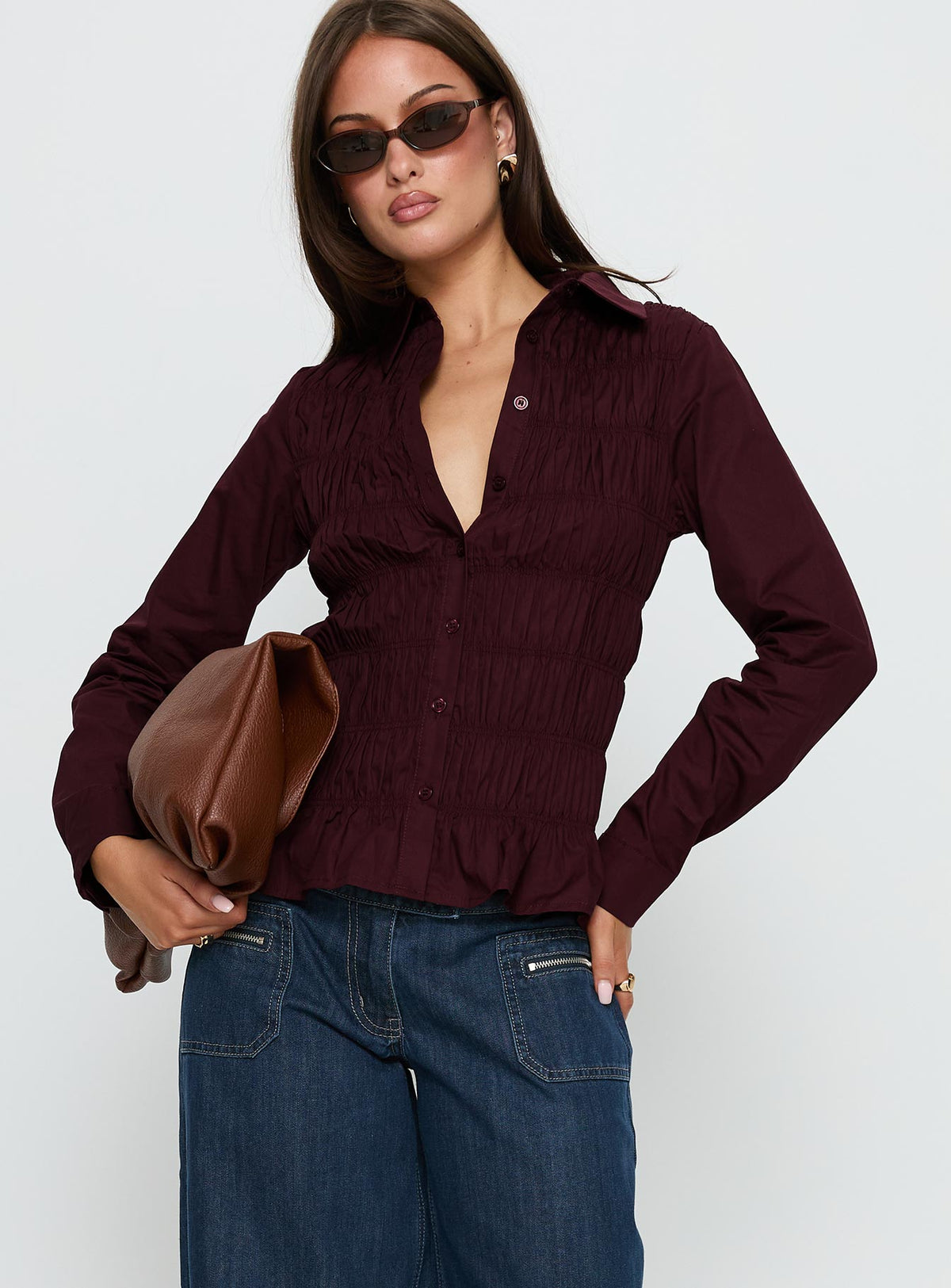 Cultivate Shirred Long Sleeve Top Plum
