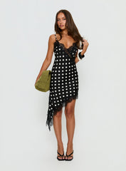 Afterdark Lace Asymmetrical Mini Dress Black Polka Dot