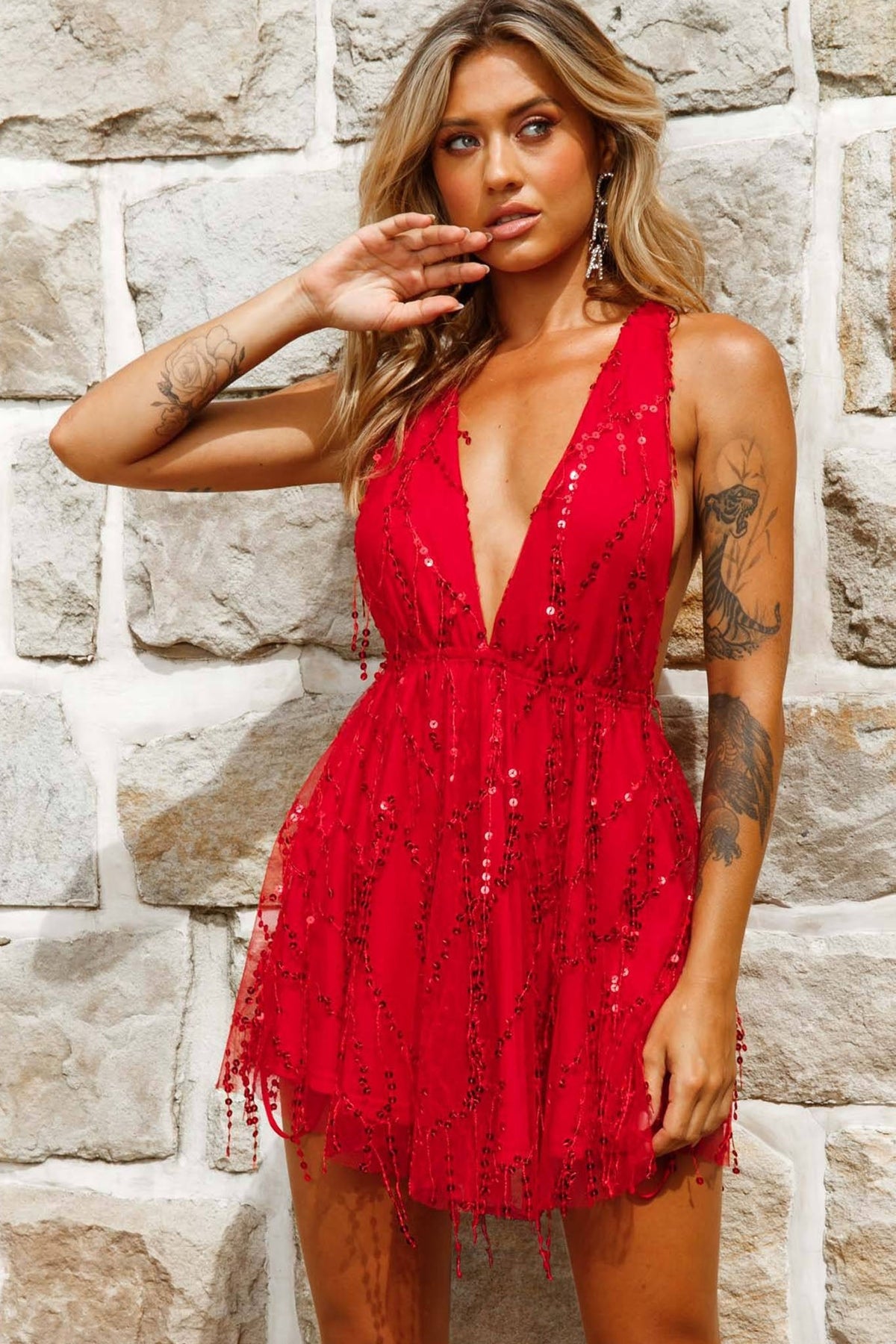 Ariana Sequin Mini Party Dress Red