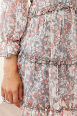 Laney Cutout Back Ruffle Trim Dress Floral Print Grey/Orange