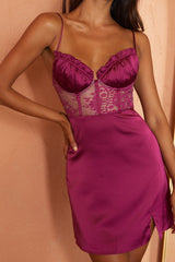Trophy Lace Bodice Sweetheart Neckline Mini Dress Plum