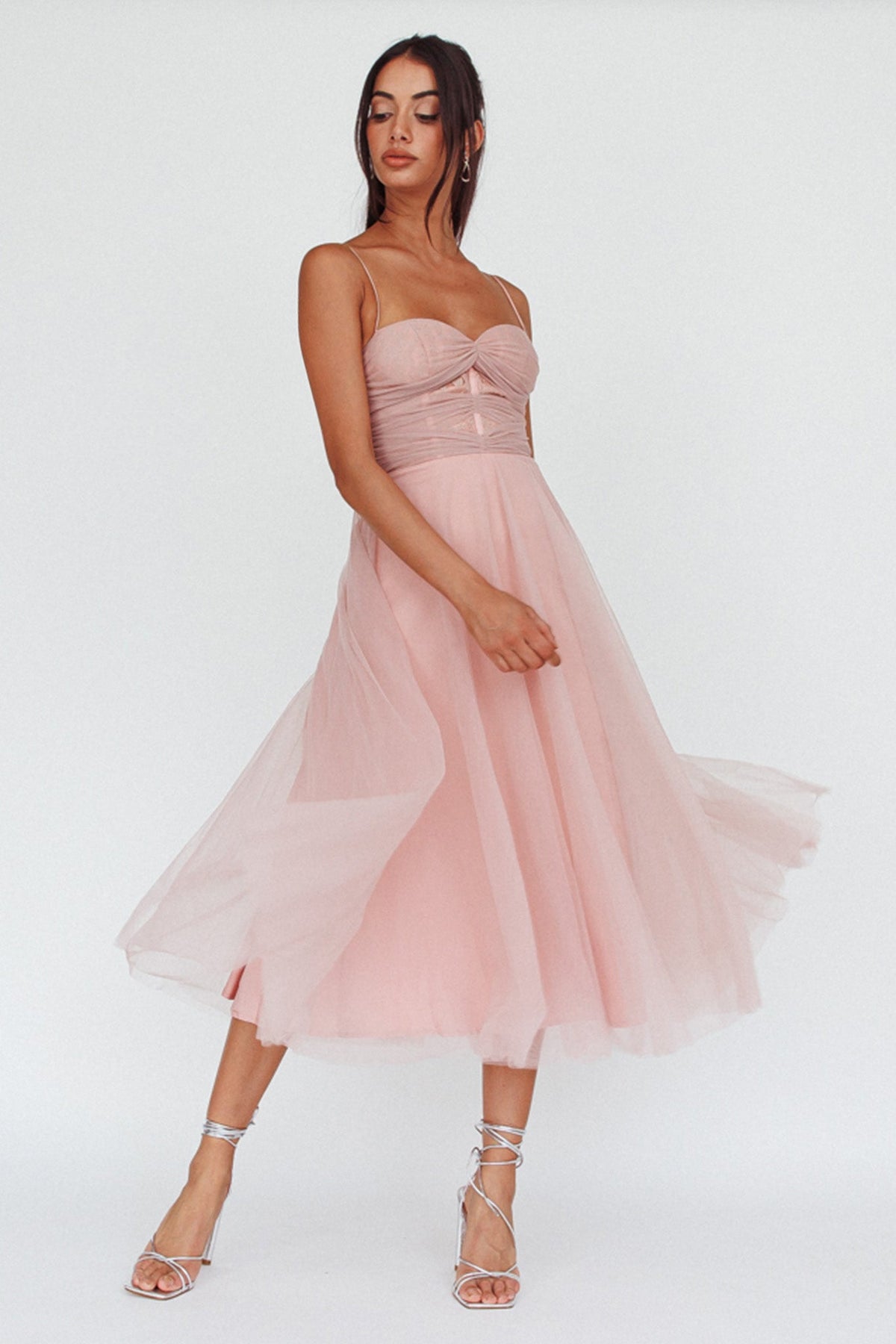 Smitten Lace Insert Tulle Midi Dress Blush