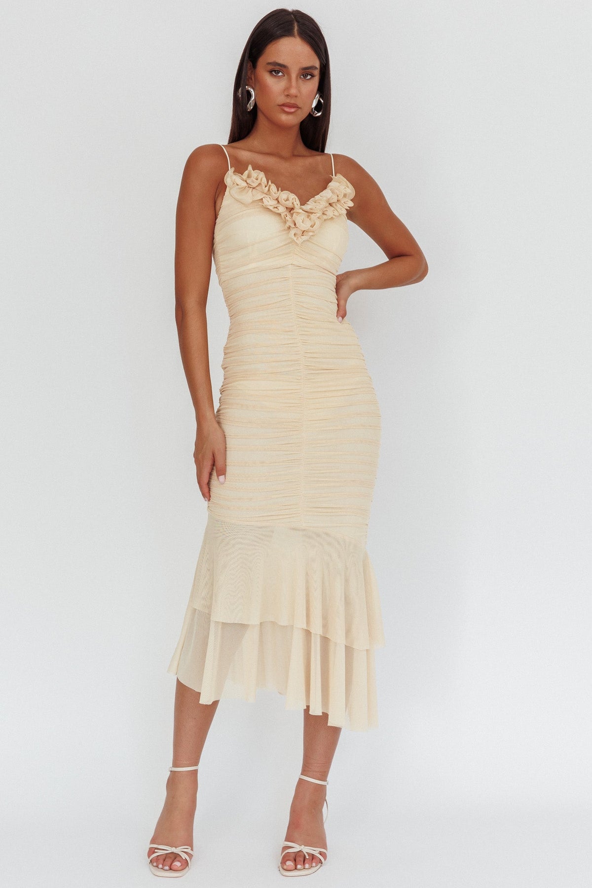 Nadia Ruffle Neckline Ruched Midi Dress Butter