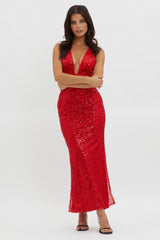 Glitter Nights Plunging Neckline Sequin Dress Red