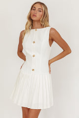 Opulent Pleat Skirt Button Mini Dress White