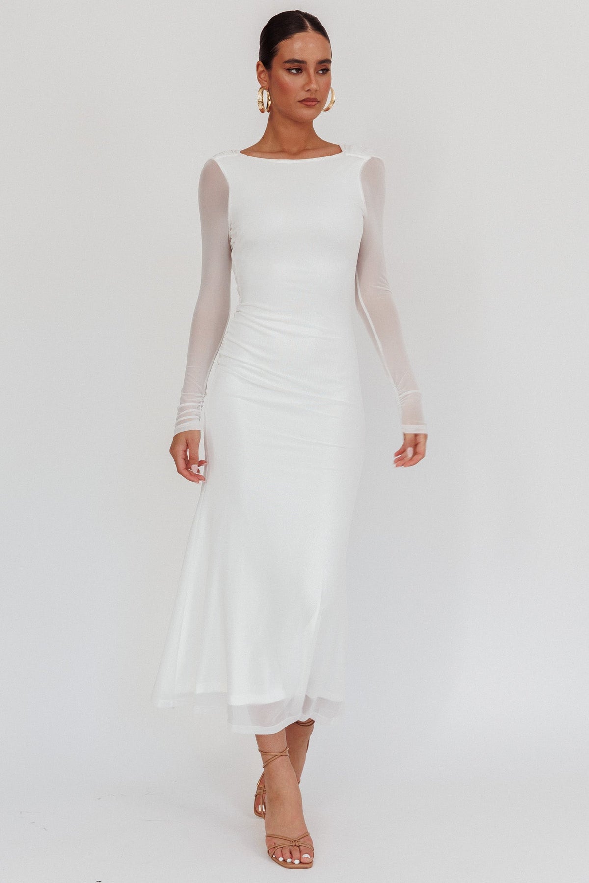 Lustre Open Back Mesh Maxi Dress White