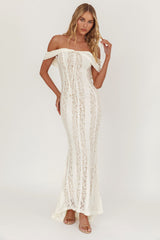 Enigma Off-Shoulder Maxi Dress Lace Cream