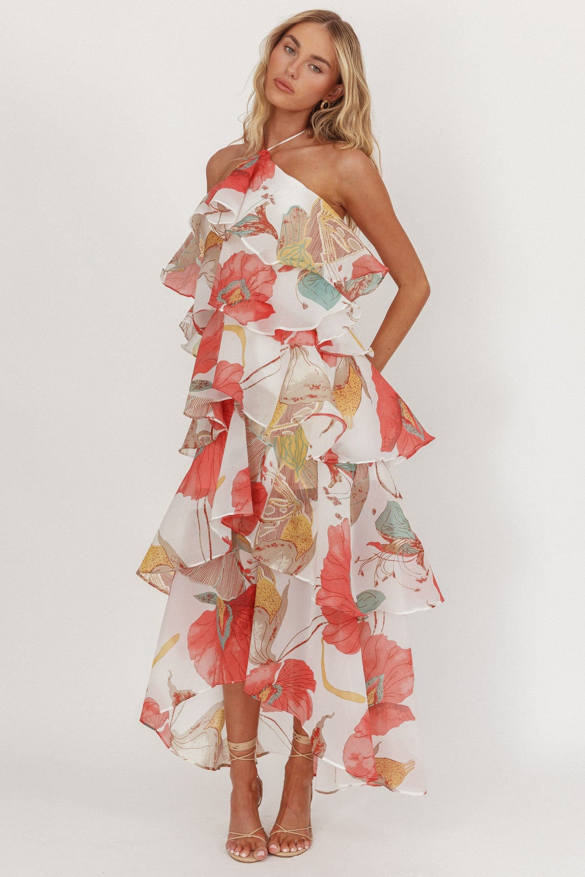 Darylyn Tiered Ruffle Maxi Dress Floral Red