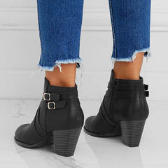 Crisscross Buckle Chunky Heel Ankle Boots Side Zipper Booties