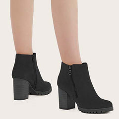 Black Chunky Heel Booties Round Toe Side Zip Ankle Boots
