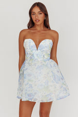 Gem Deep Sweetheart Neckline Mini Dress Floral Blue