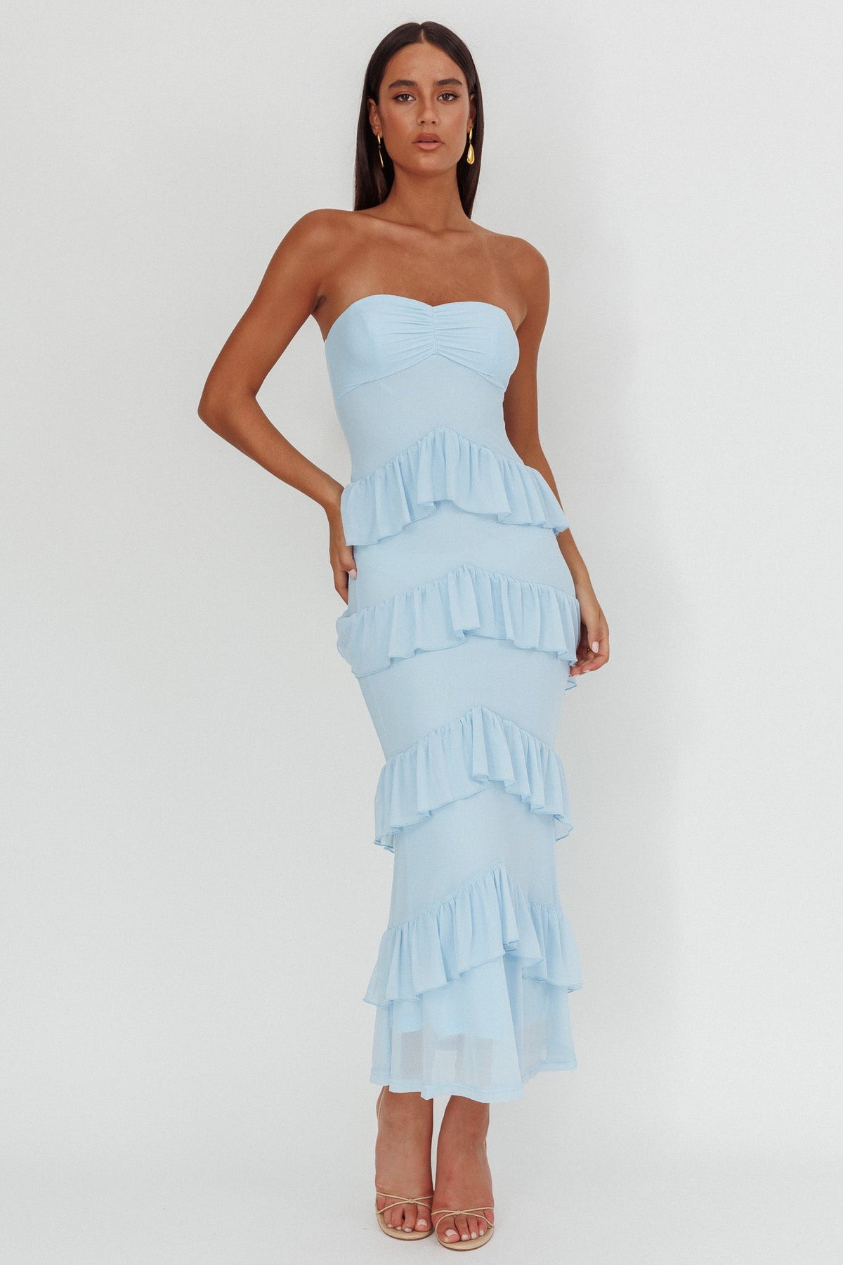 Dulce Dreams Sweetheart Neckline Frill Maxi Dress Blue