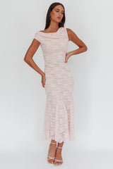 Diana Asymmetric Shoulder Godet Maxi Dress Lace Pink