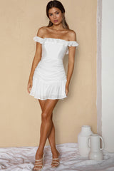 Paradis Off-Shoulder Ruched Bodice Mini Dress White