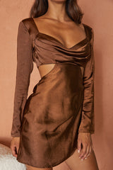 Shaken Not Stirred Cut-Out Waist Long Sleeve Pleat Mini Dress Chocolate