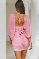 Kai Balloon Sleeve Ruched Mesh Overlay Dress Blush