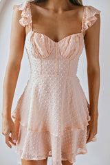 Theory Sweetheart Neckline Frill Strap Mini Dress Textured Peach