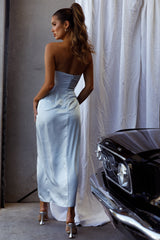 Gianna Strapless Waist Tie Midi Dress Steel Blue